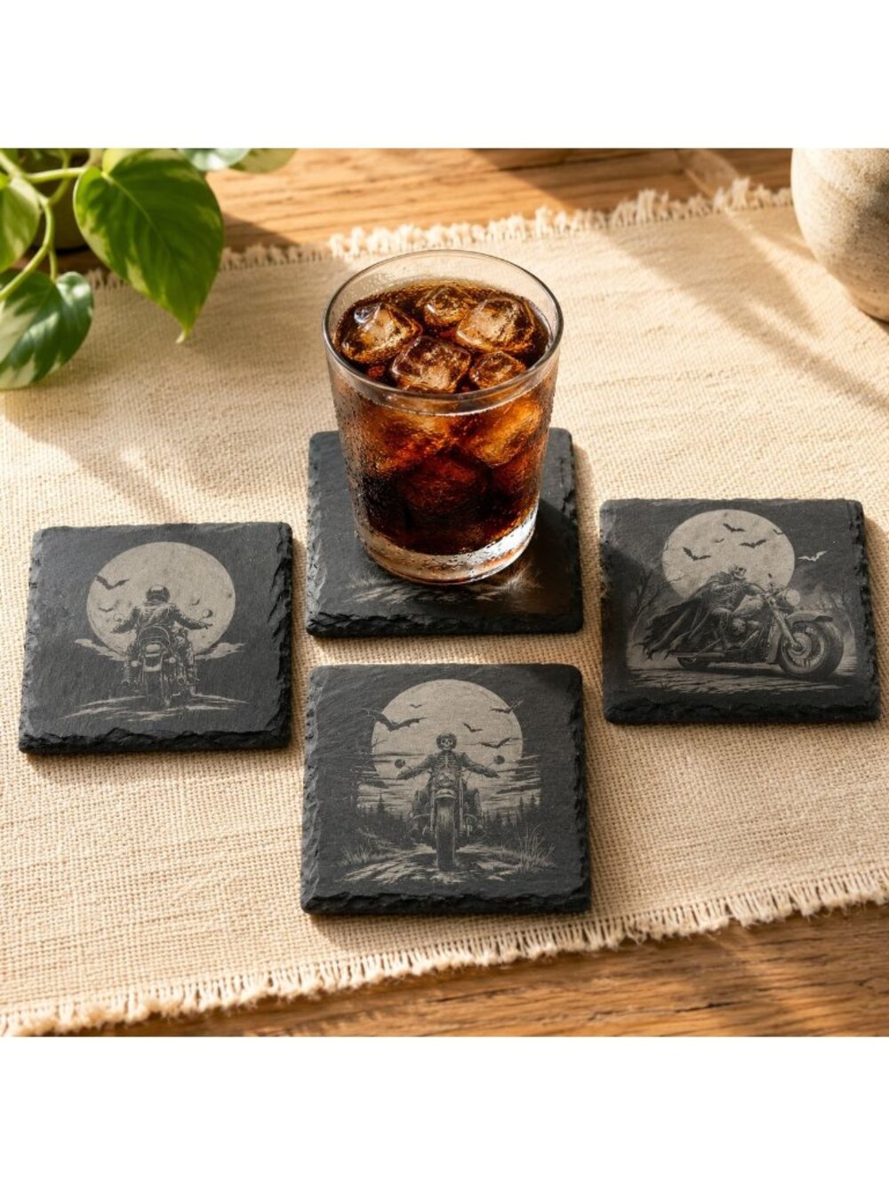 Slate Motorcycle Skeleton Coaster Moonlit Gothic 4x4" Set of 4
